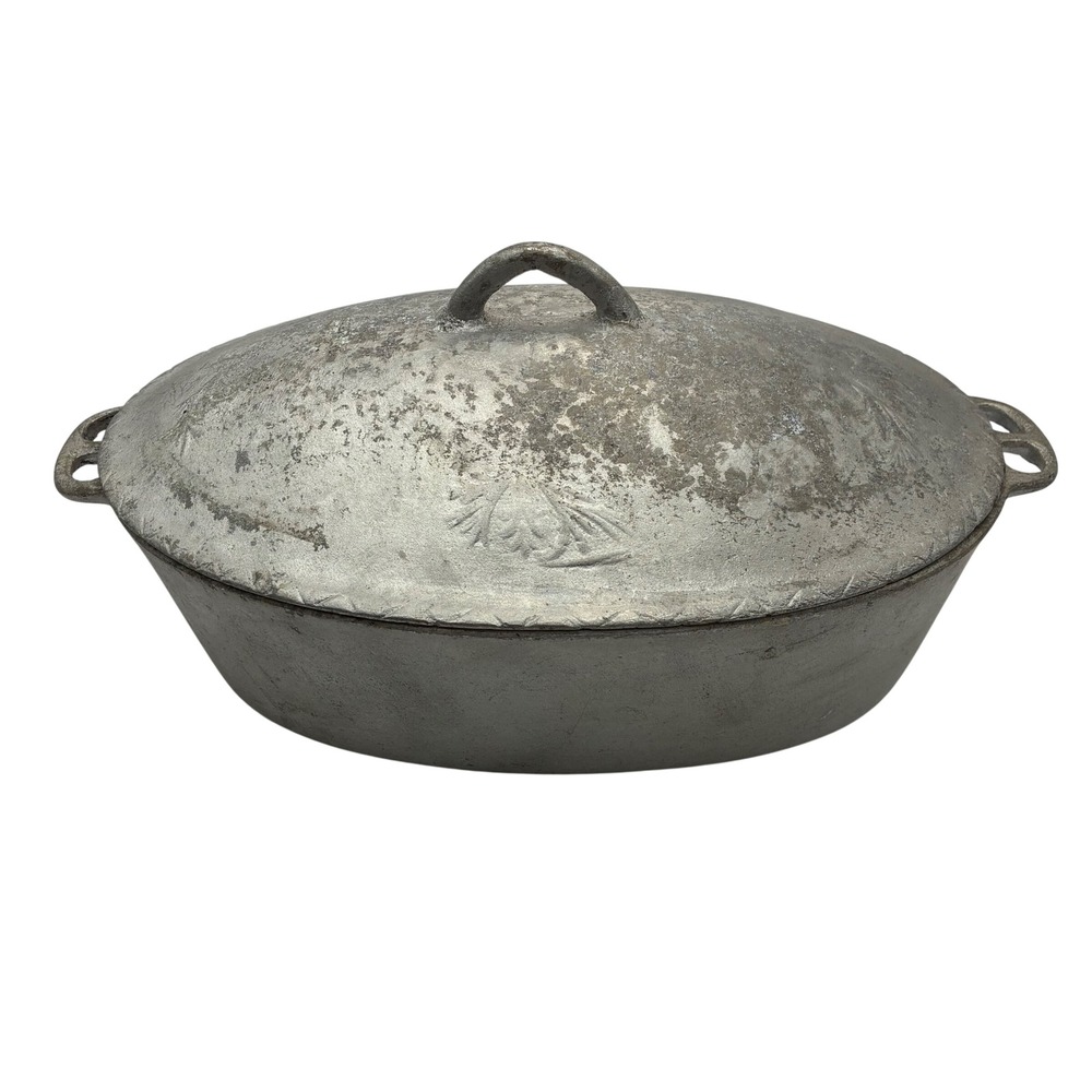 Vintage Cast Aluminum Oval Roaster Pan with Lid Primitive Farmhouse Dutch Oven